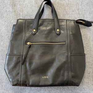 Lodis Black Leather Tote with Gold Accents